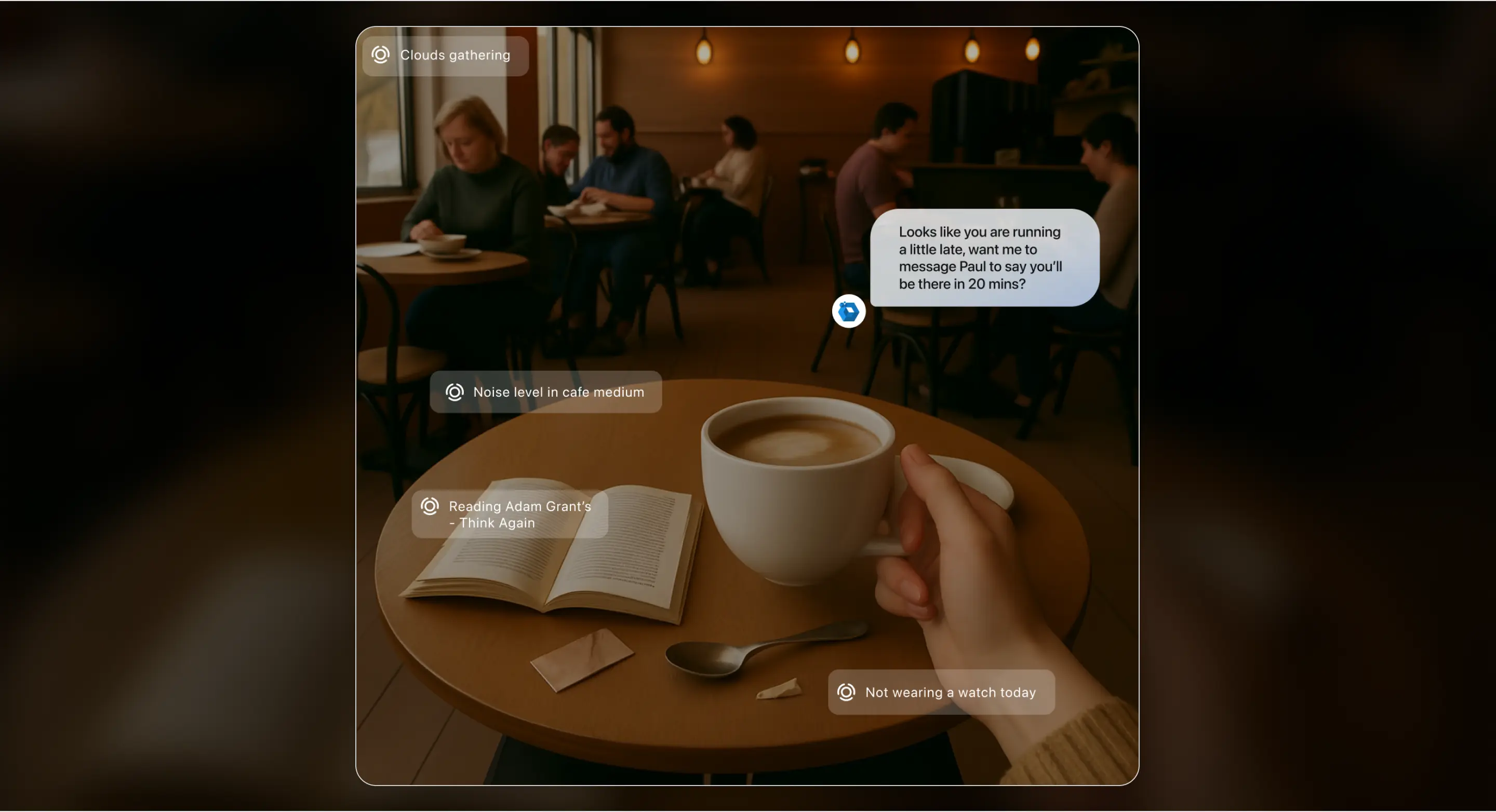 View through Meta AI glasses in a café, with context notes and an assistant message